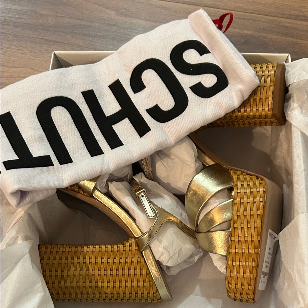 SCHUTZ Metallic Gold Keefa Straw Platform Sandals size 10 - Picture 4 of 4